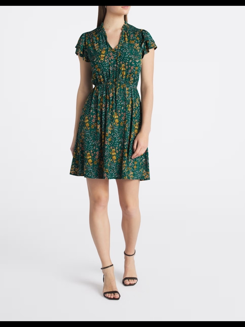 Kaileigh Green Floral V-Neck Flutter Sleeve Mini Dress